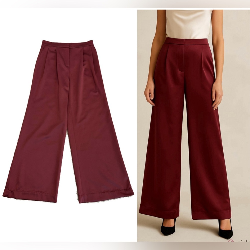 Leith burgundy satin effect wide leg high-rise pleated dart trouser dress pants